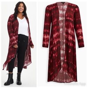 Torid Womens Burgundy Tie Dye Open Front Duster Kimono 15380152 Sz 1 #338